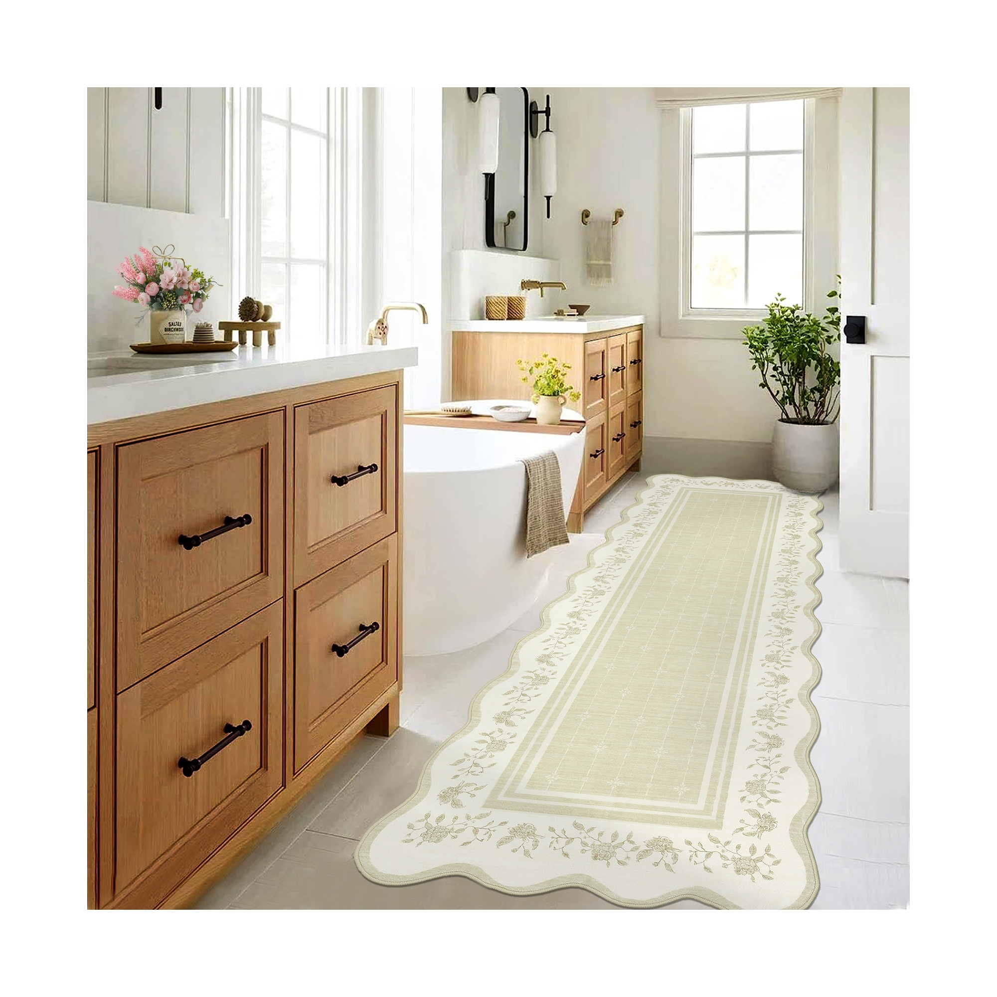 Washable Scalloped Runner Rug, Non-Shedding Low Pile Foldable Entryway Carpet, Long Floor Mat for Hallway, Kitchen & Bathroom