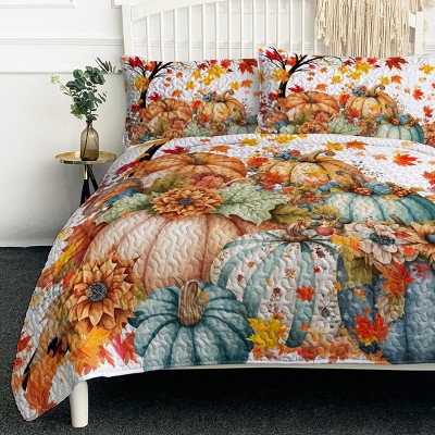 Boersma 3 Pieces Colorful Oil Painting Pumpkin Pattern Quilt Set Queen Size for All Seasons Flower Fall Leaves Bedding Set with 2 Pillowcases