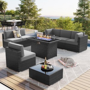 LayinSun 8 Piece Patio Furniture Set with 44" Propane Gas Fire Pit Table, Outdoor Sectional Conversation Set Wicker Rattan Sofa Set - 1 of 4