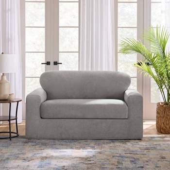 Sure Fit 2pc 73" Wide Cedar Stretch Textured Loveseat Slipcover Gray