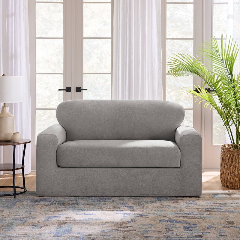 Sure Fit 2pc 73&#34; Wide Cedar Stretch Textured Loveseat Slipcover Gray, 1 of 8