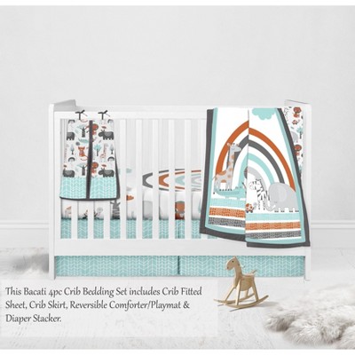 Bacati - Jungle Safari Aqua Orange Gray 4 pc Crib Bedding Set with Diaper Caddy