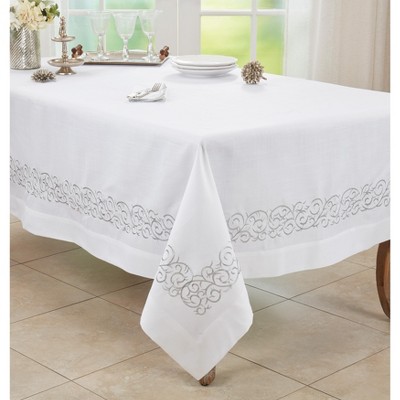 White Embroidered Scroll Tablecloth with Silver Border