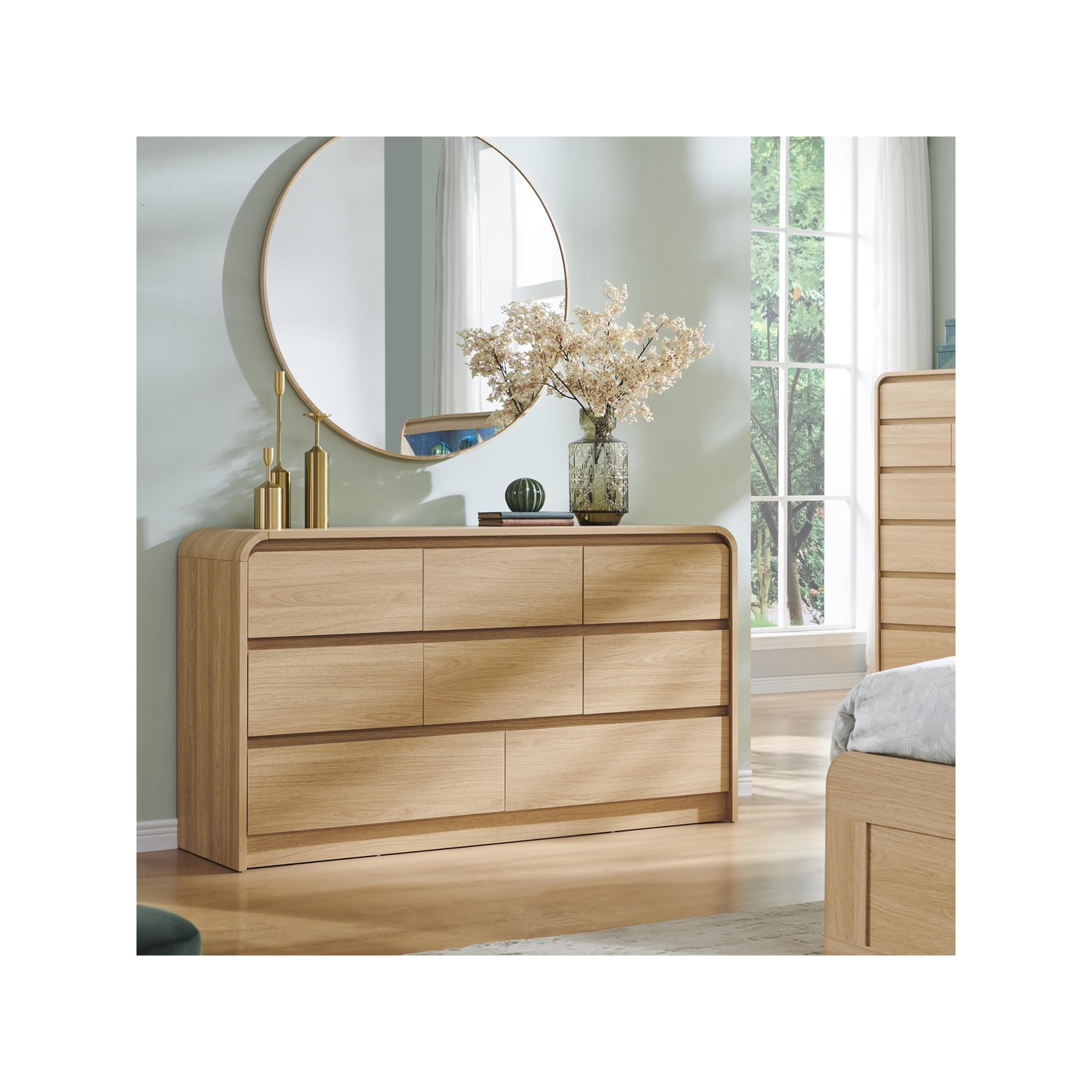 SinCiDo Modern 8 Drawer Dresser, Curved Profile Design, 55" Wide Mid Century Wood Storage Organizer for Bedroom, Living Room, Natural Oak