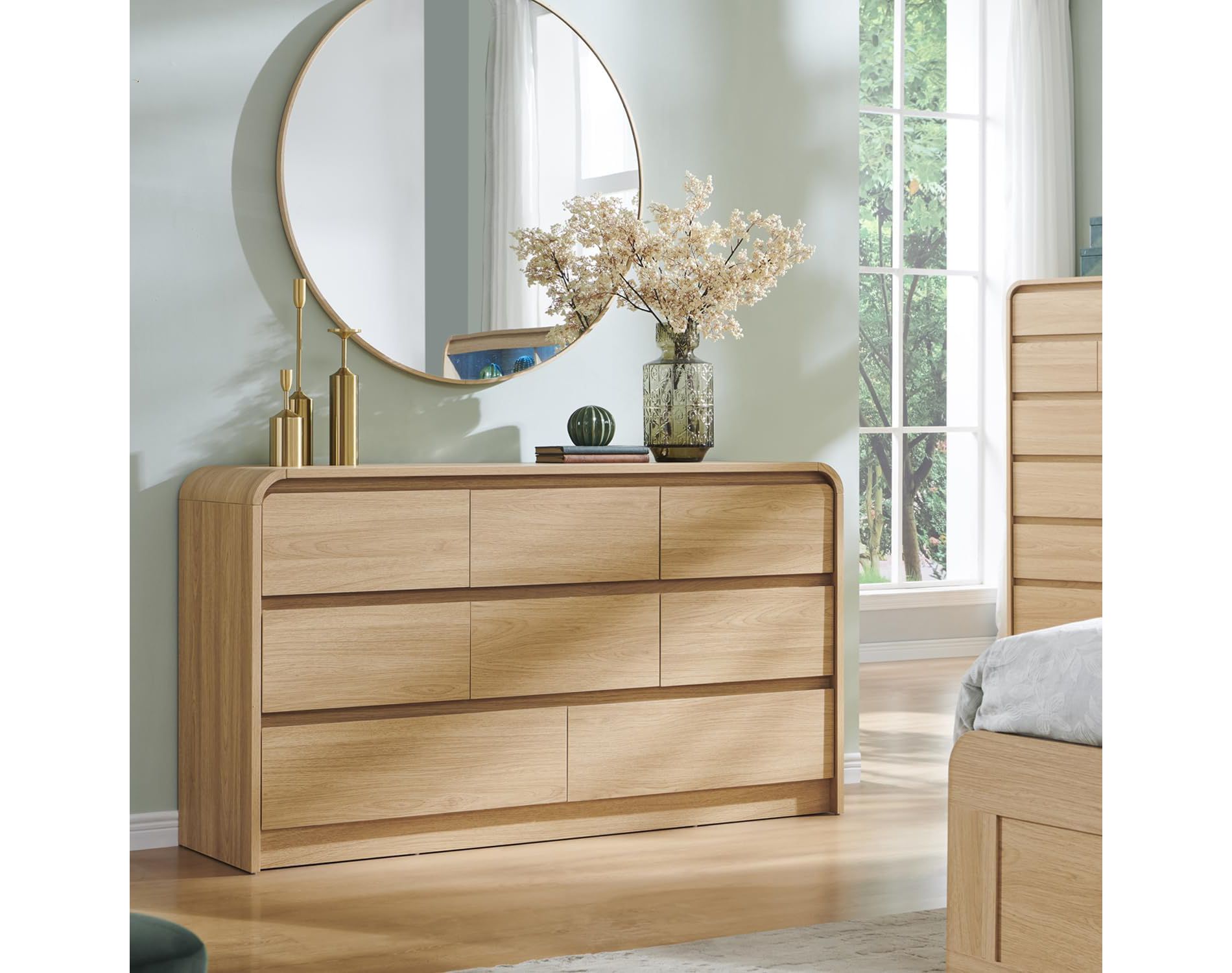 SinCiDo Modern 8 Drawer Dresser, Curved Profile Design, 55" Wide Mid Century Wood Storage Organizer for Bedroom, Living Room, Natural Oak