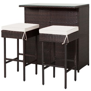 Tangkula 3PCS Patio Wicker Rattan Bar Set Table w/2 White Cushioned Stools - 1 of 4