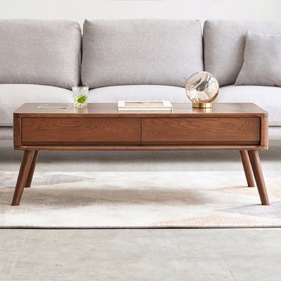 Elevating Center Table, Low Table, 100% Solid Oak Wood Study Desk, Coffee Table, with Storage Shelf, Easy To Assemble - Walnut