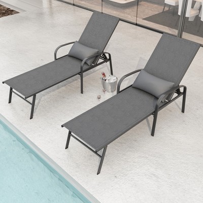 Whisen Gray Outdoor Adjustable Patio Swimming Pool Lounge Chaise Lounge Recliner with Pillow