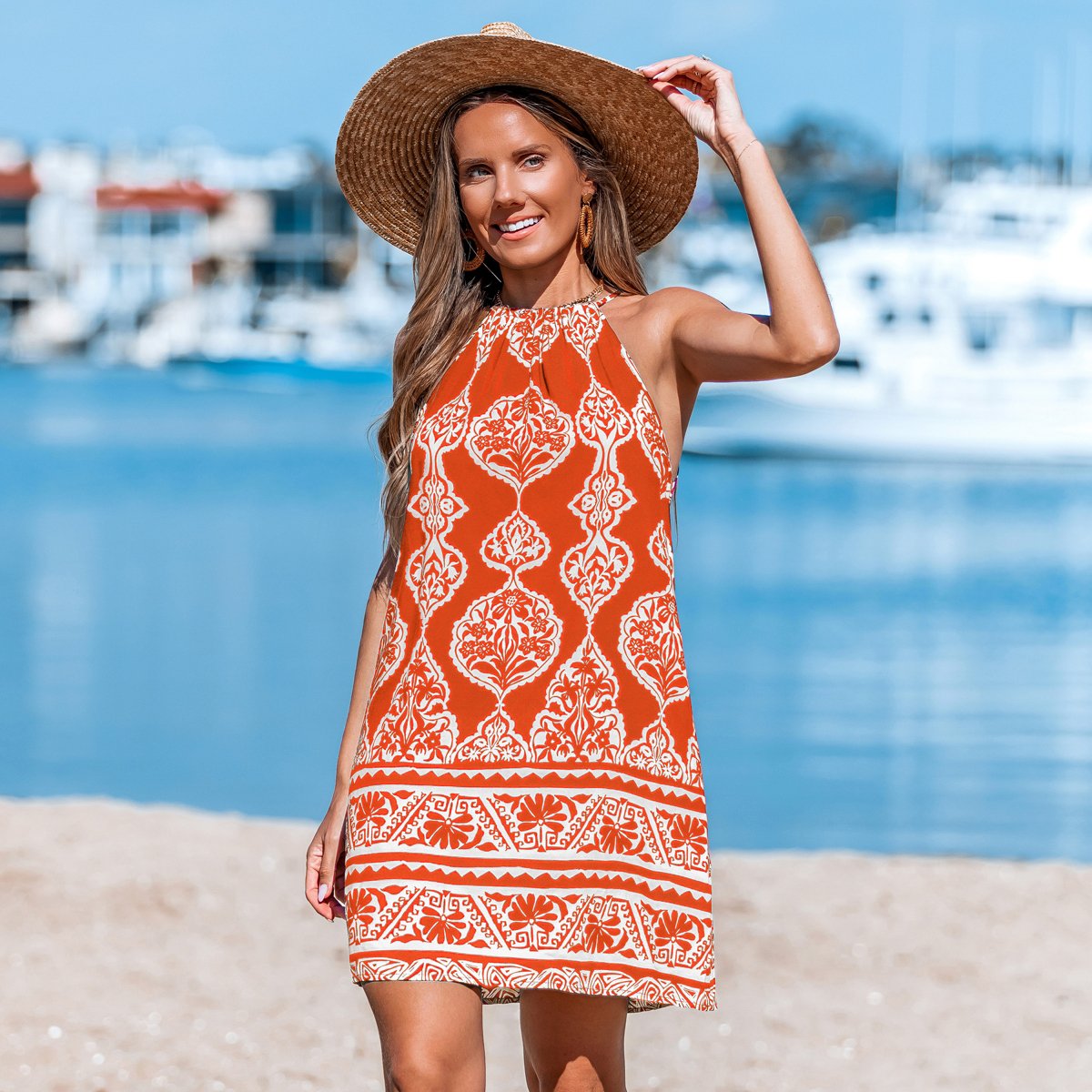 Женские платья Cupshe Women's Shift Dress Ethnic Print Halter-XL-Orange — фото 7