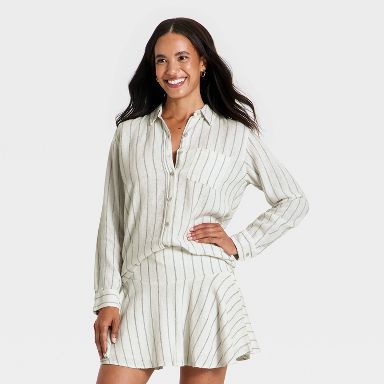 Women's Long Sleeve Linen Collared Button-Down Shirt - Universal Thread™ Cream Striped XS