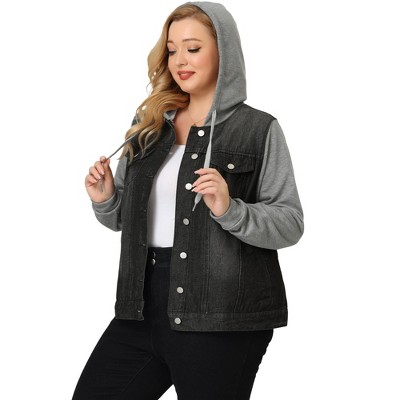 Agnes Orinda Women s Plus Size Denim Hood Drawstring Fall Winter Button Jean Jackets Black 4X