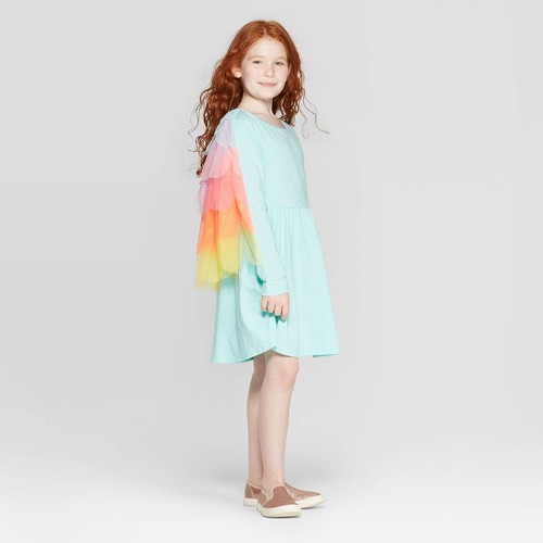 Girls Long Sleeve Sparkle Rainbow Cape Dress Cat Jack Aqua S