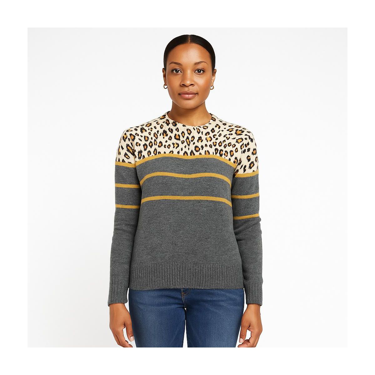 BeachLunchLounge Womens Crew Neck Leopard Print Sweater | Charcoal Small