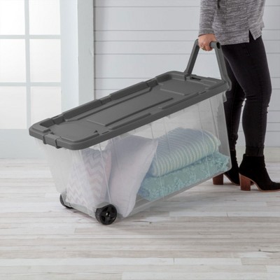 Sterilite 160 Quart Plastic Rolling Stacker Box, Lidded Stackable Storage Bin Container for Home, Garage, and Camping, 2-Pack, Clear Base & Gray Lid