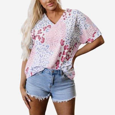 Amaryllis Women’s V-Neck Short Sleeve Blouse with Layered Ruffle Sleeves Relaxed Fit