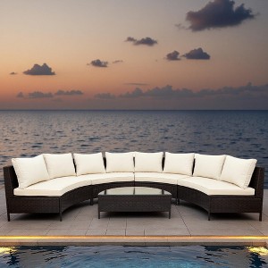 5-Piece Outdoor Rattan Half-Moon Sectional Sofa Set with Tempered Glass Coffee Table - 1 of 4