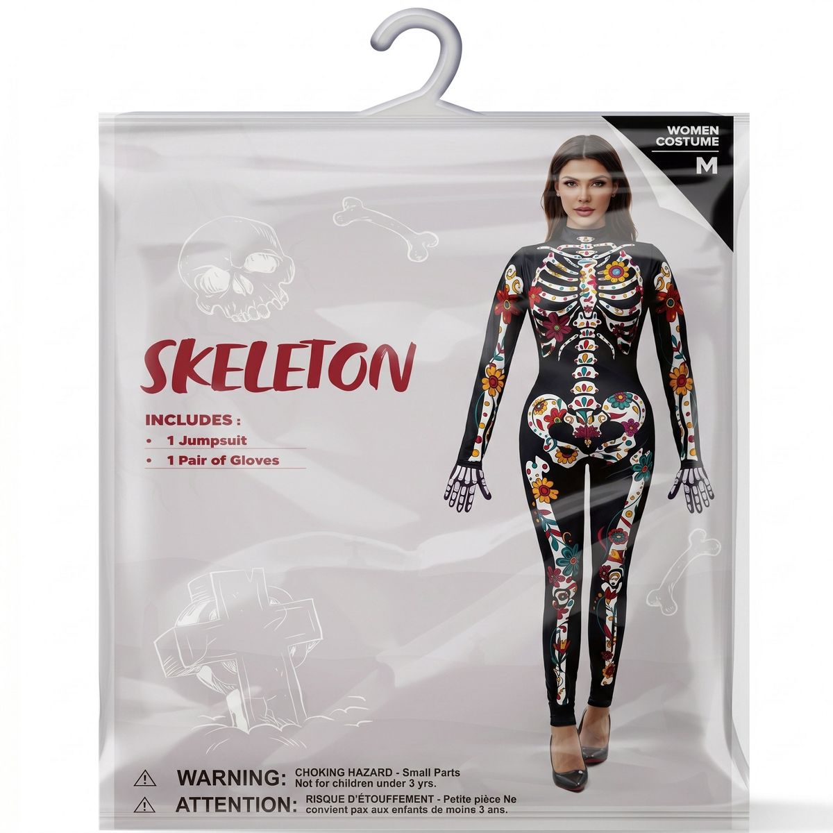 Joyfy Women Halloween Floral Skeleton Jumpsuit Costume, Halloween Party Skeleton Jumpsuit for Adults Women - thumbnail 7