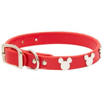 Buckle-Down Vegan Leather Dog Collar - Disney Red with Silver Cast Mickey Mouse Head Icon Embellishments
