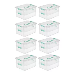 Sterilite Convenient Small Home 2-Tiered Layer Stack Carry Storage Box with Colored Accent Secure Latching Lid, Clear (8 Pack)