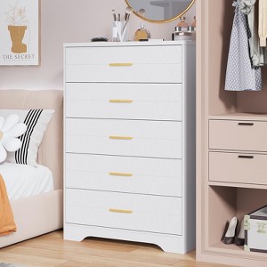 Tall Chest of Drawers for Bedroom with 5 Drawers, Wooden Dresser with Gold Handles for Closet, Wood Storage Cabinet - 1 of 4