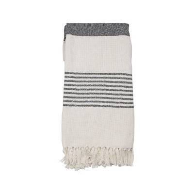 Cream and Gray Hand Woven 50 x 60 inch Cotton Throw Blanket with Hand Tied Fringe - Foreside Home & Garden