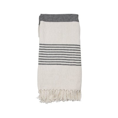 Cream and Gray Hand Woven 50 x 60 inch Cotton Throw Blanket with Hand Tied Fringe - Foreside Home & Garden