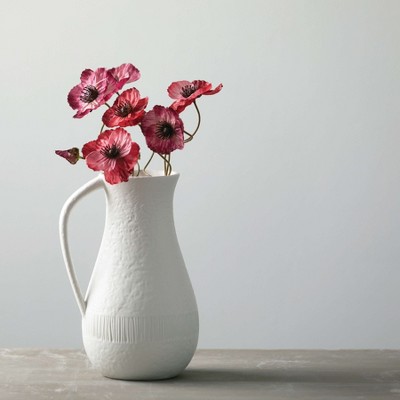 White Textured Ceramic Pitcher Vase with Handle