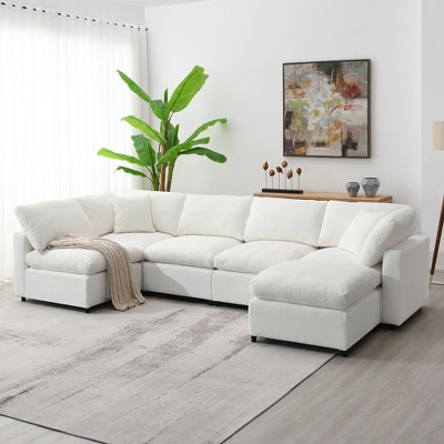 130" Chenille Modular Sectional Cloud Sofa with Ottoman and 2 Pillows, Free combination