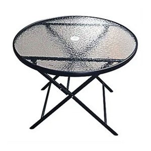 Four Season Courtyard 35" Round Marbella Folding Steel Dining Table Outdoor Backyard Patio Furniture with Glass Tabletop and Umbrella Hole, Black - 1 of 4