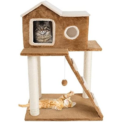 3-Tier Cat Tower - Napping Perches, Cat Condo with Ladder, 3 Sisal Rope Scratching Posts, Hanging Toy ¨C Cat Tree for Indoor Cats by PETMAKER (Brown)