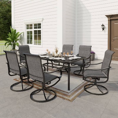 7pc Outdoor Dining Set with Padded Swivel Chairs & Metal Rectangle Table with Umbrella Hole - Gray - Captiva Hole
