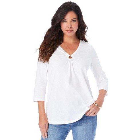 Roaman's Women's Plus Size Keyhole V-neck Tee - 34/36, White : Target