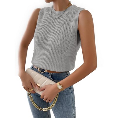 Women's Mock Neck Sleeveless Sweater Vest Knitted Slit Hem Tank Top