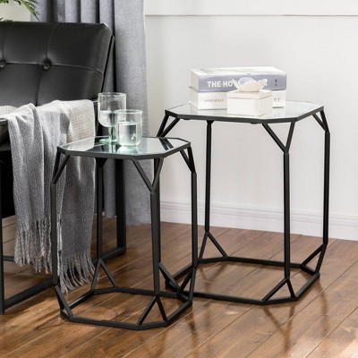 15.5" Round Black Metal and Glass Mirrored Accent Table Set