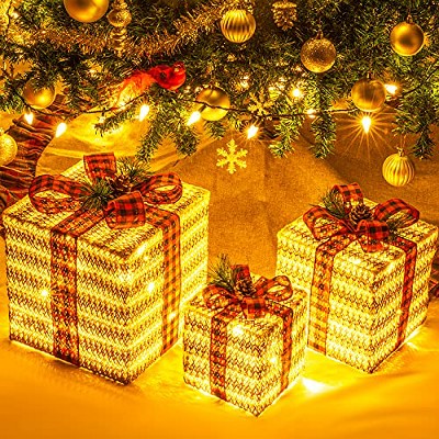 Sunnyglade 10"-8"-6" Set of 3 Christmas Lighted Gift Boxes Decoration Boxes with Plug