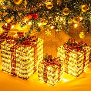 Sunnyglade 10"-8"-6" Set of 3 Christmas Lighted Gift Boxes Decoration Boxes with Plug - 1 of 1