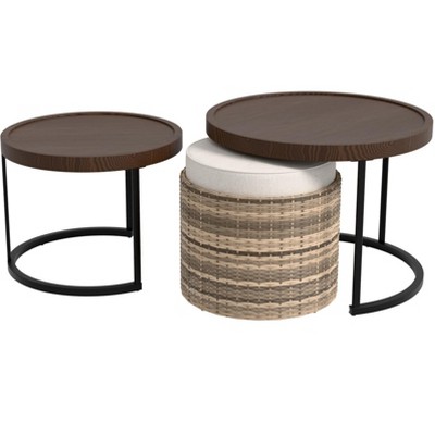EAGLE PEAK Sunset Dune Collection Round Modern Nesting Coffee Tables, Wood Grain Top Stacking Accent Tables with Ottoman, Set of 3, Beige