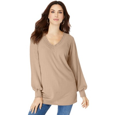 Roaman's Women's Plus Size Smocked Pointelle Top