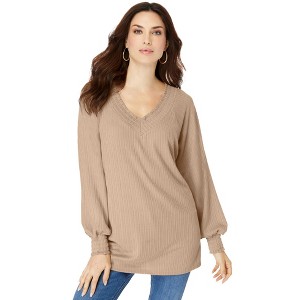 Roaman's Women's Plus Size Smocked Pointelle Top - 1 of 4