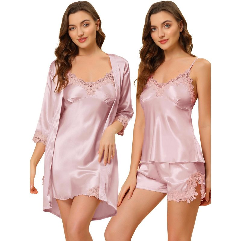 cheibear Womens 4pcs Sleepwear Pjs Satin Lingerie Cami with Shorts Robe Pajama Set, 1 of 7