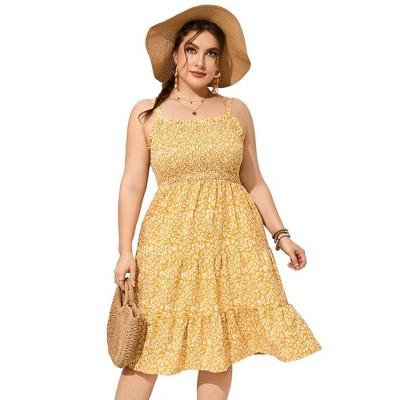 Plus Size Summer Dresses Women's Sleeveless Square Neck Smocked Flowy Ruffle A Line Maxi Dress