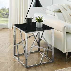 VYNXARIA 20 Inch Modern Glass End Table with Geometric Metal Frame, Accent Table Nightstand Furniture Corner Table for Living Room,Chrom - 1 of 4