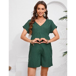 Coolmee Womens Jumpsuits V Neck Casual Summer Rolled Cuff Short Sleeve Wide Leg Short Pants High Waist Tunic Rompers with Side Pockets 2XL Dark Green - 1 of 4