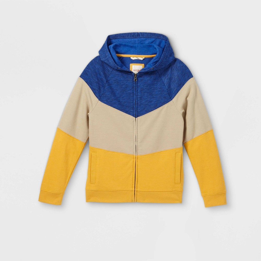 size Large plusBoys' French Terry Colorblock Hoodie - Cat & Jack Blue/Cream/Gold Husky