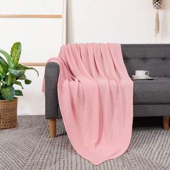 PiccoCasa 100% Cotton Knit Throw Blanket Lightweight Soft Blanket Pink 50"x70"