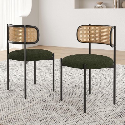 Modern Upholstered Dining Chairs Set of 2 Rattan Back Dining Room Chairs Accent Kitchen Chairs with Metal Legs Light Gray