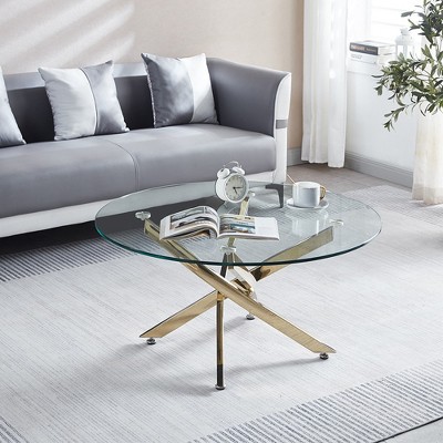 Round Glass Coffee Table, Clear Coffee Table With Round Tempered Glass Top, Round Supports, Stainless Steel Feet, Modern End Table