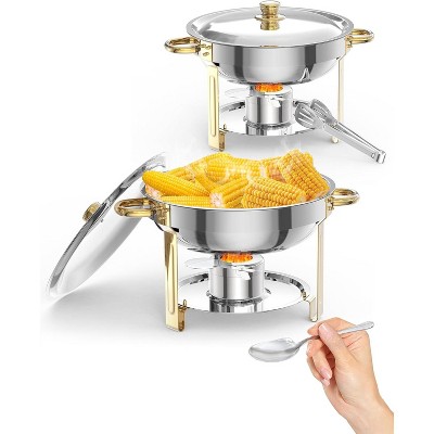 5QT round chafing dish buffet set (2-pack) in gold, NSF-certified stainless steel with lid, spoon, and tweezer, ideal for catering and events.