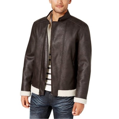 I-N-C Mens Fleece-Lined Faux Leather Jacket, Brown, Medium (Regular)