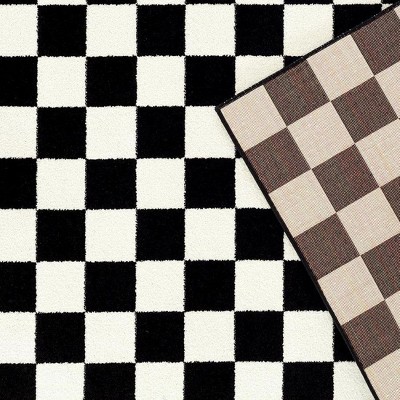 Black and White Geometric Checkered Synthetic Area Rug